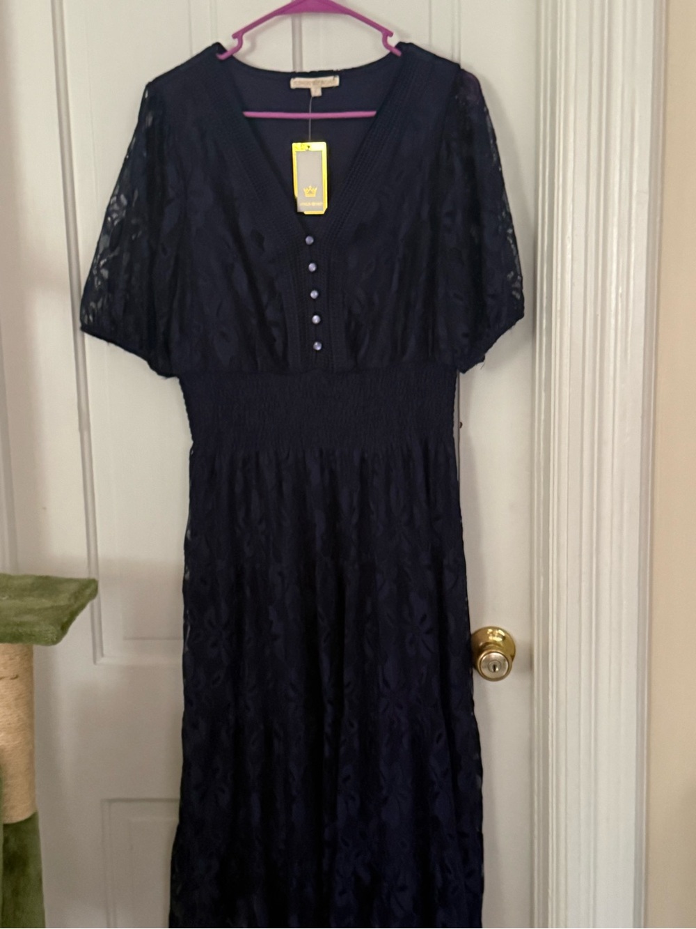 New Elegant Navy Lace Midi Dress with Smocked Waist